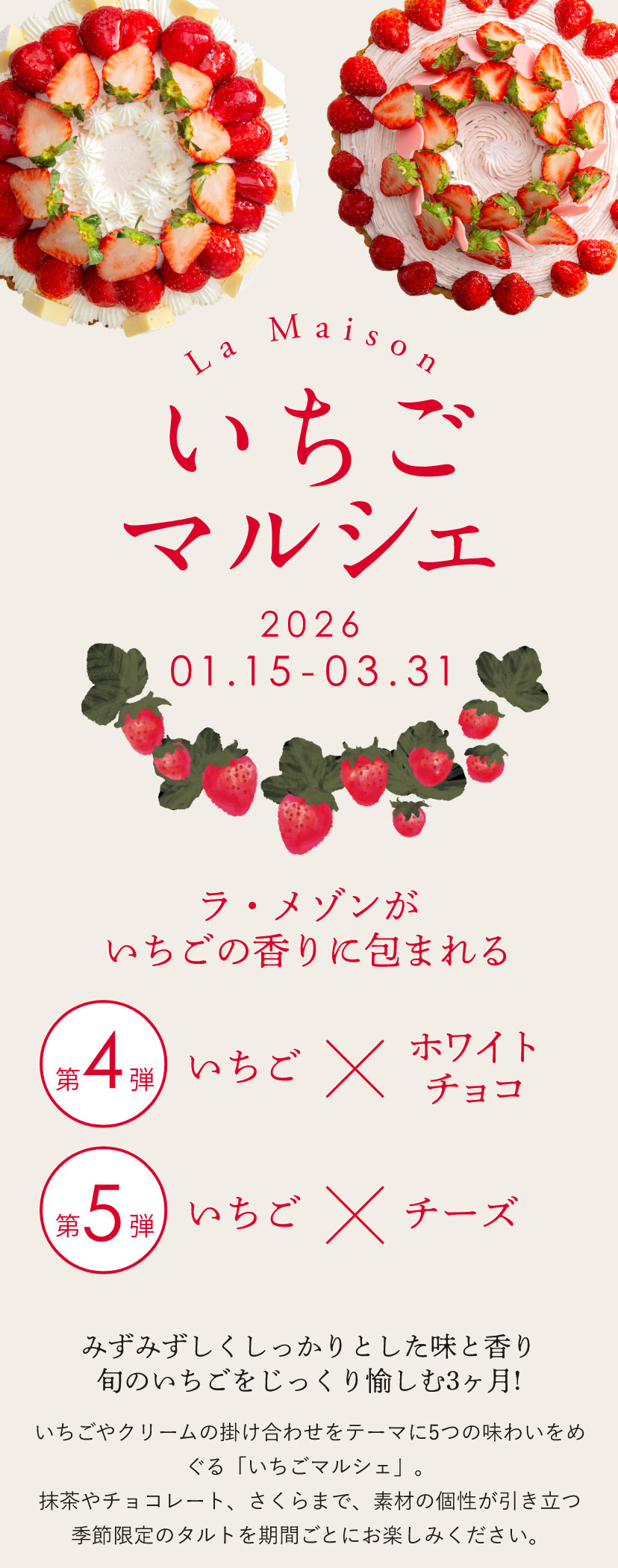 【みずみずしくしっかりとした味と香り旬のいちごをじっくり愉しむ3ヶ月!】いちごやクリームの掛け合わせをテーマに5つの味わいをめぐる「いちごマルシェ」。抹茶やチョコレート、さくらまで、素材の個性が引き立つ季節限定のタルトを期間ごとにお楽しみください。